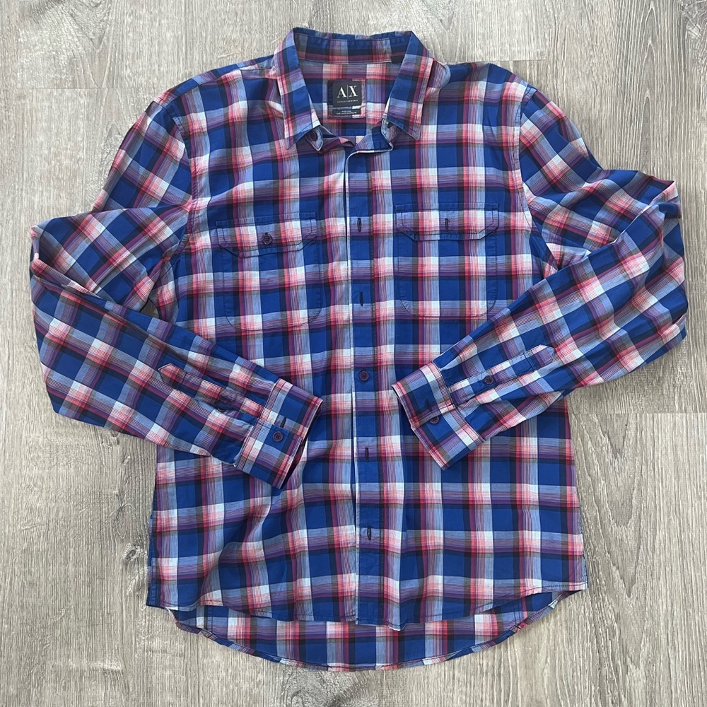 Armani Exchange, Men’s casual button down shirt, in blue, red and white color